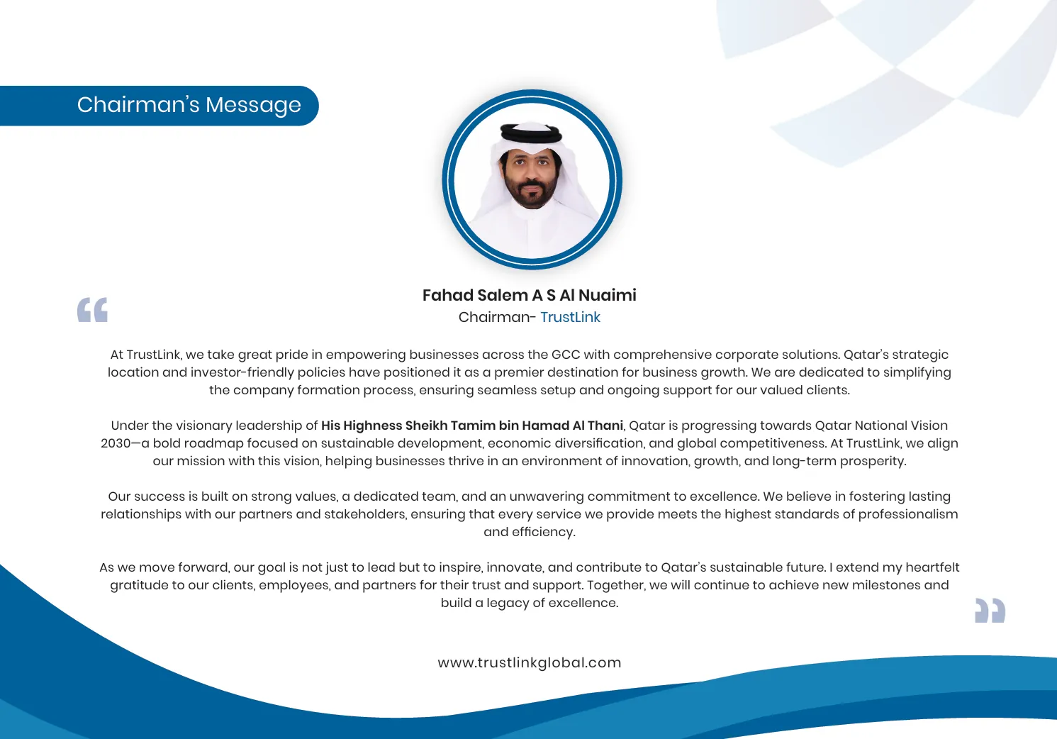 TrustLink Oman Chairman's Message - Fahad Salem A S Al Naimi's Vision for Business Excellence